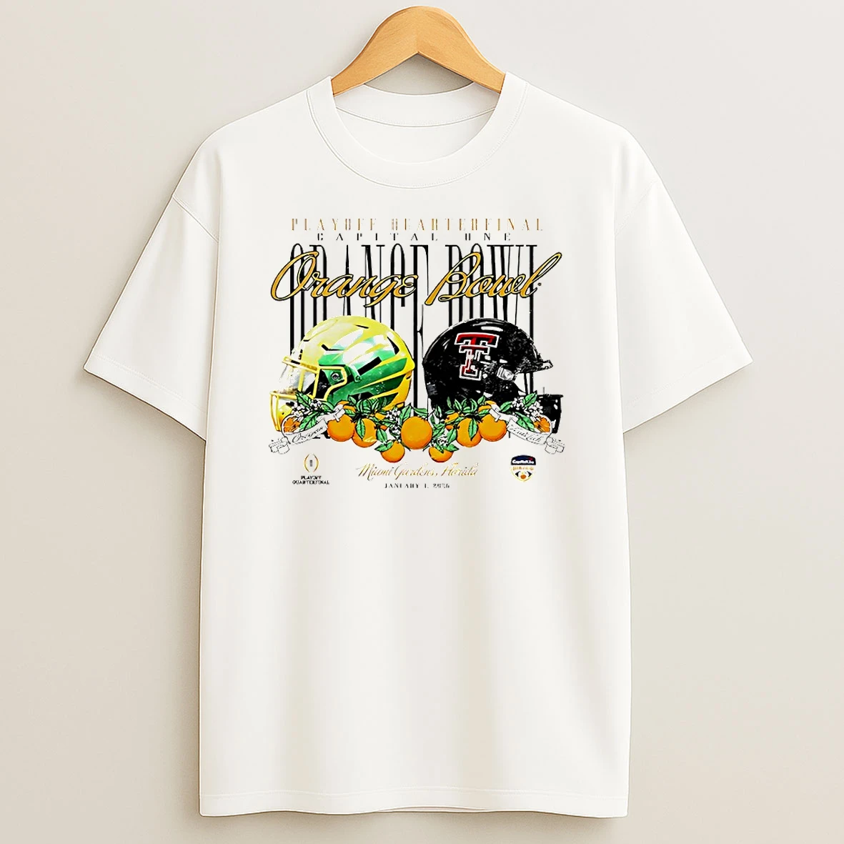 Texas Tech Red Raiders Vs Oregon Ducks 2026 Playoff Quarterfinal Orange Bowl Helmet Circle T Shirt