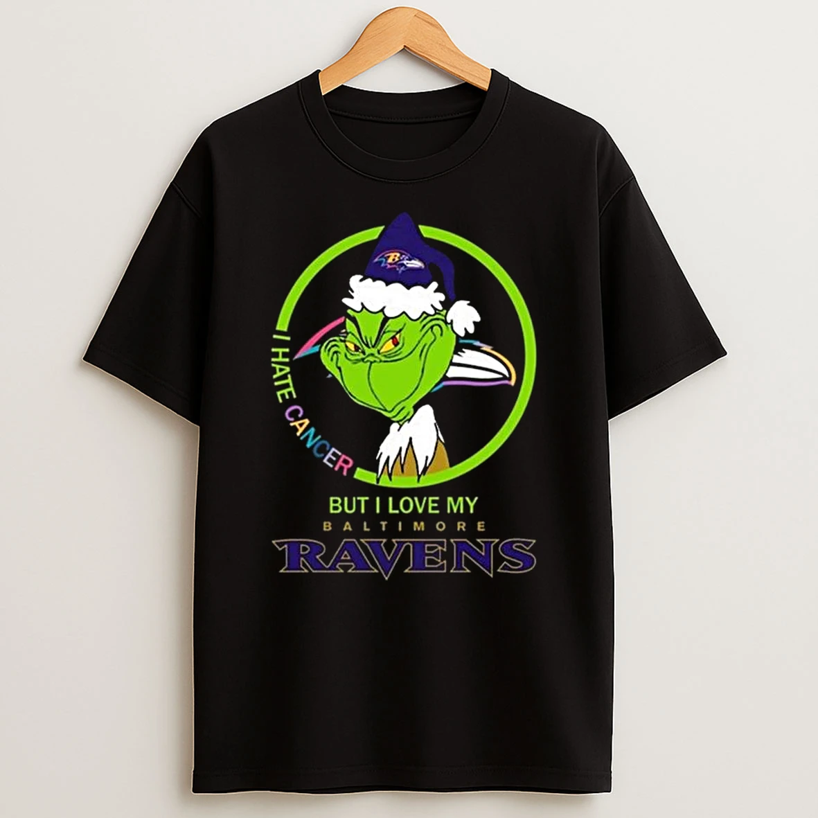 The Grinch I Hate Cancer But I Love My Baltimore Ravens Merry Christmas T Shirt