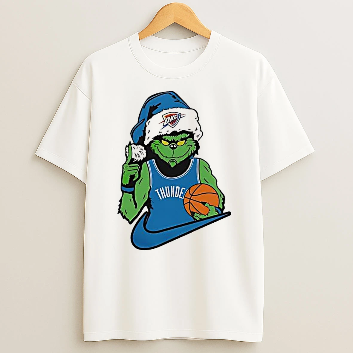 The Grinch In An Oklahoma City Thunder Jersey Santa Hat T Shirt