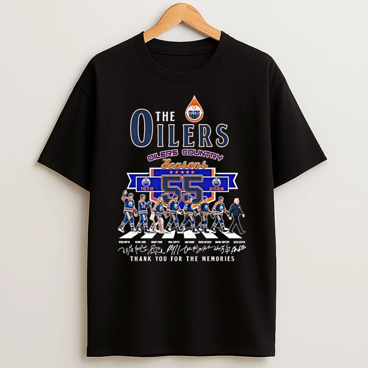 The Oilers Hockey Oilers Country Seasons 55th 1972 2026 Players Signatures Thank You For The Memories T Shirt