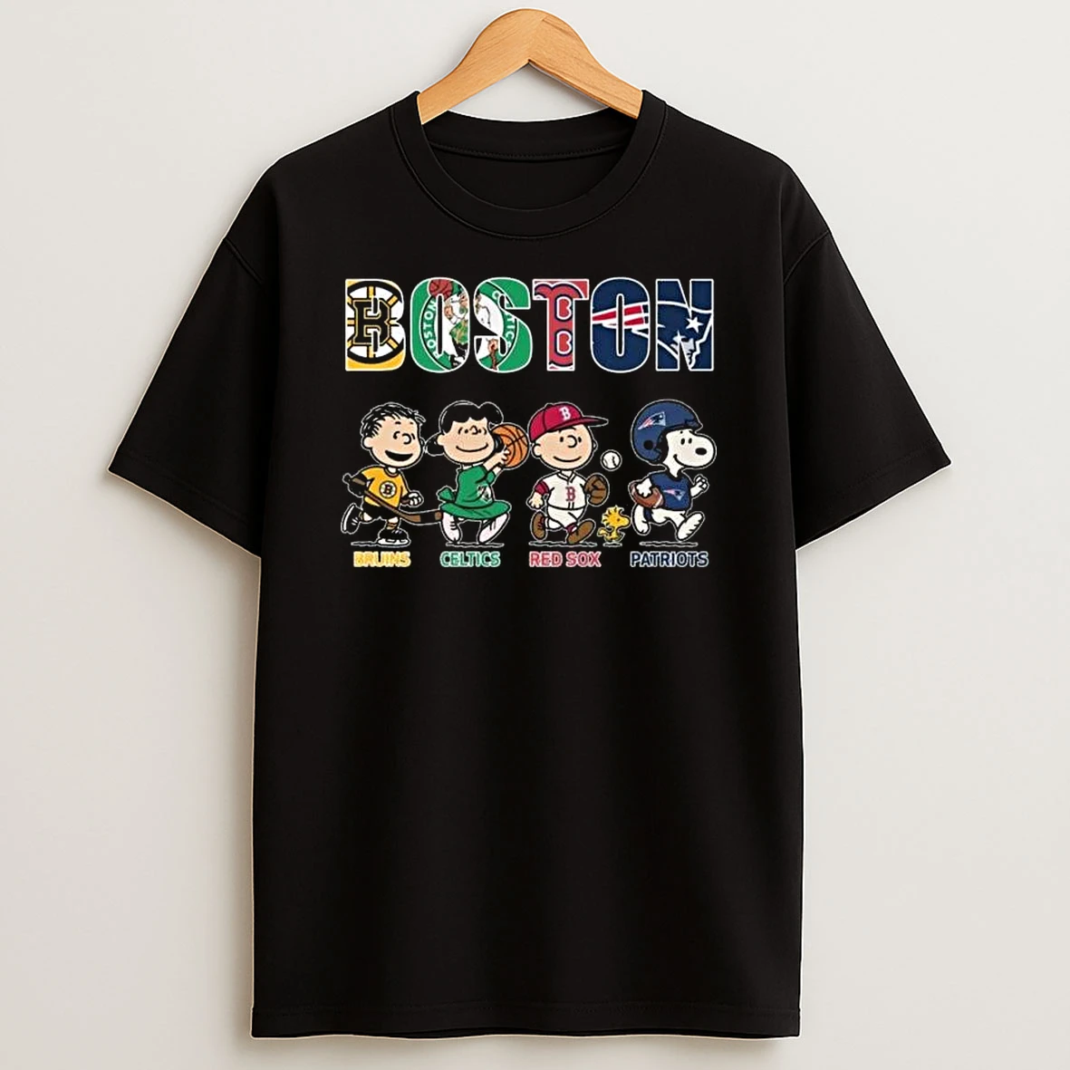 The Peanuts X Boston City Sports Team Bruins Celtics Red Sox And Patriots 2025 T Shirt