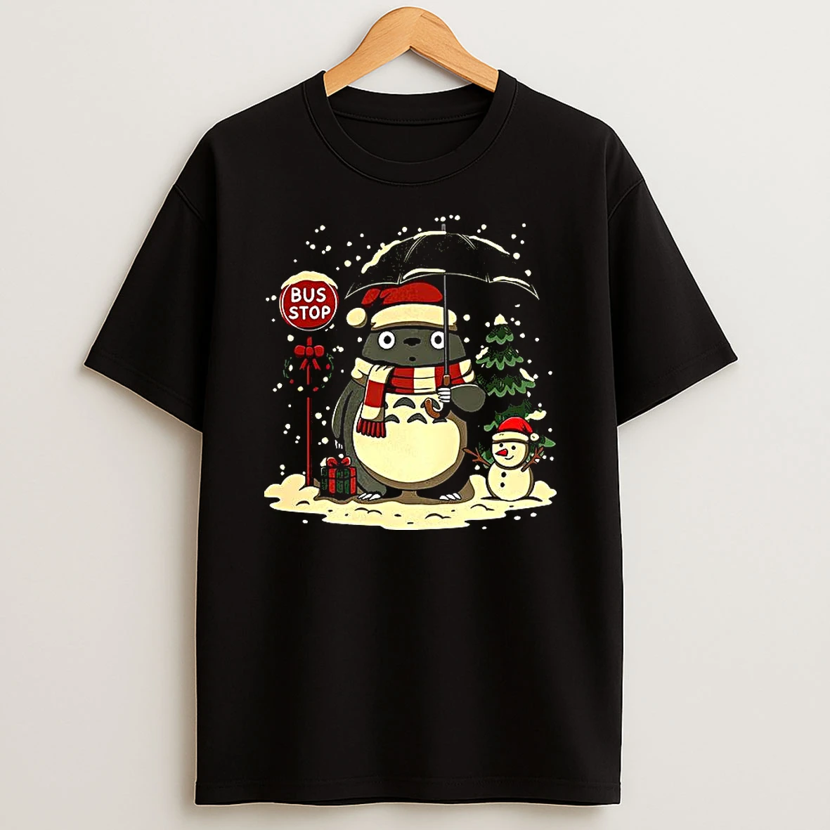 Totoro And Snowman Winter Bus Stop Cartoon T Shirt