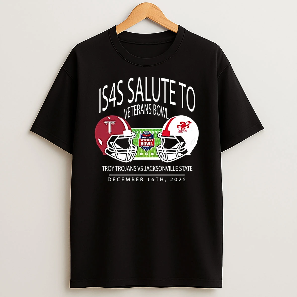 Troy Trojans Football Vs Jacksonville State Gamecocks Football Is4s Salute To Veterans Bowl At Cramton Bowl On December 16 2025 Helmet Matchup T Shirt