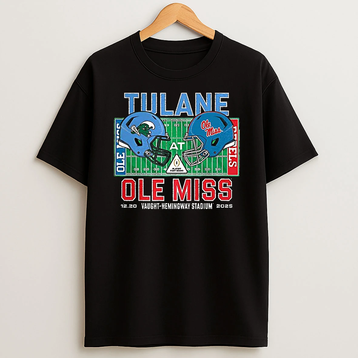 Tulane Green Wave Vs Ole Miss Rebels Ncaa Cfp 2025 Vaught Hemingway Stadium Helmet T Shirt