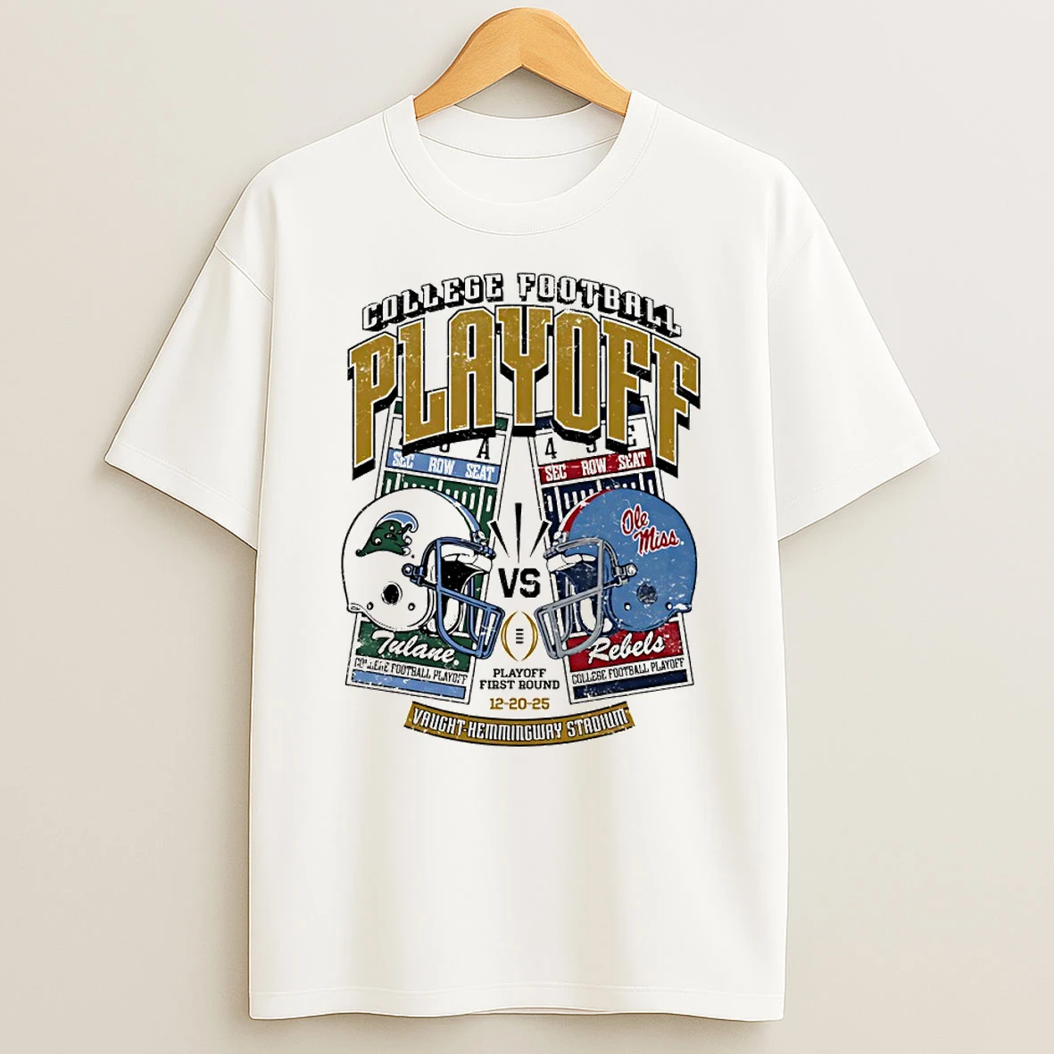 Tulane Green Wave Vs Ole Miss Rebels 2025 2026 Cfp Helmet Tickets Circle T Shirt