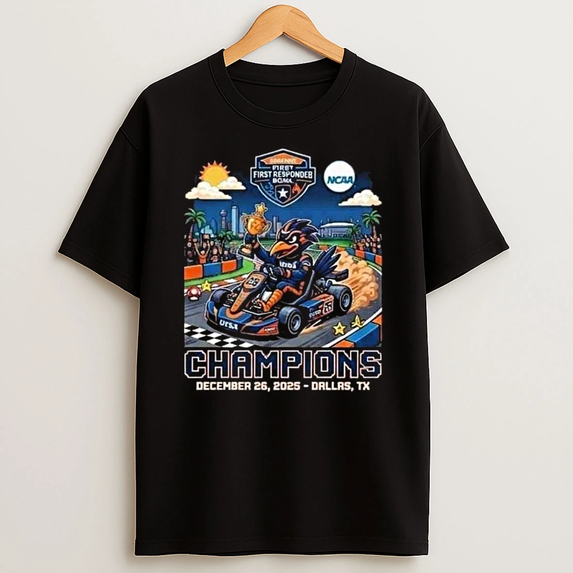 Utsa Roadrunners 2025 Servpro First Responder Bowl Champions Mario Kart Parody Rowdy Mascot Gerald J Ford Stadium Dallas Texas December 26 2025 T Shirt