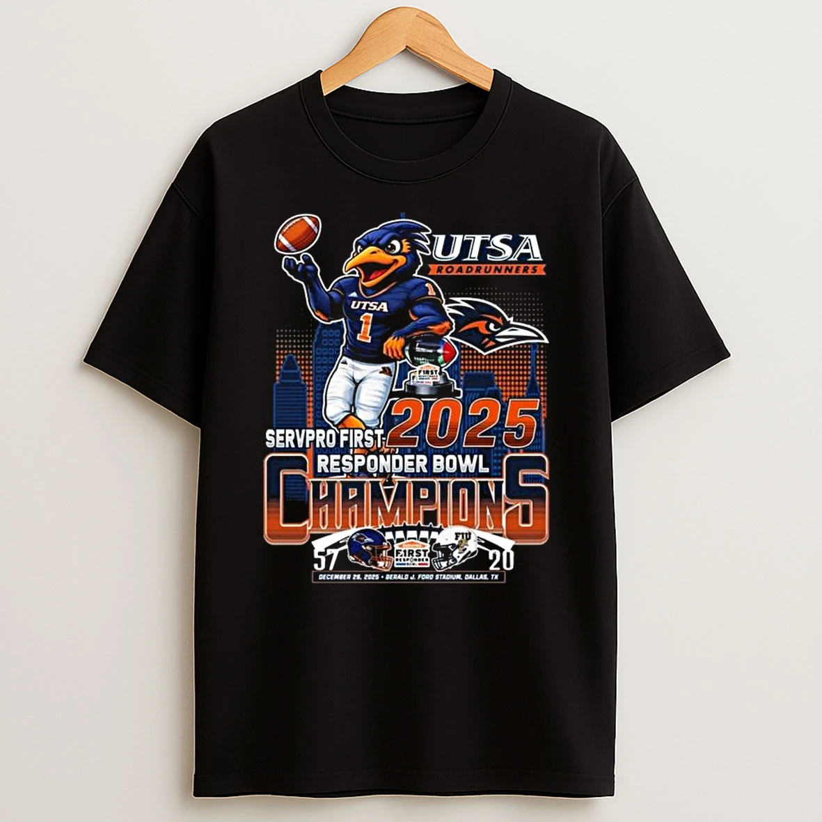 Utsa Roadrunners 2025 Servpro First Responder Bowl Champions Score 57 20 Mascot T Shirt