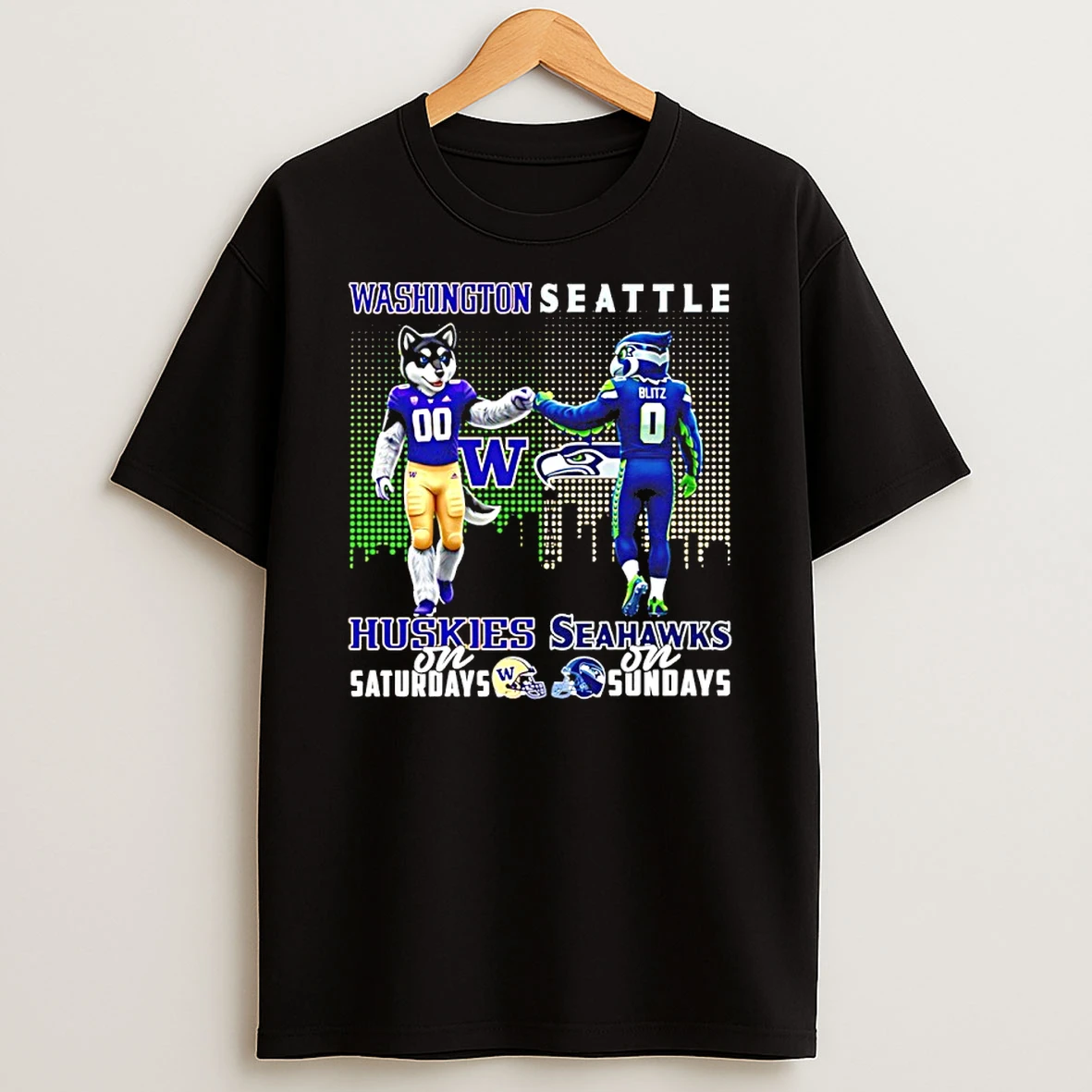 Washington Huskies On Saturdays Vs Seattle Seahawks On Sundays Mascot Skyline T Shirt