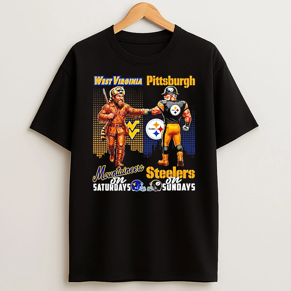 West Virginia Mountaineers On Saturdays Vs Pittsburgh Steelers On Sundays Mascot Skyline T Shirt