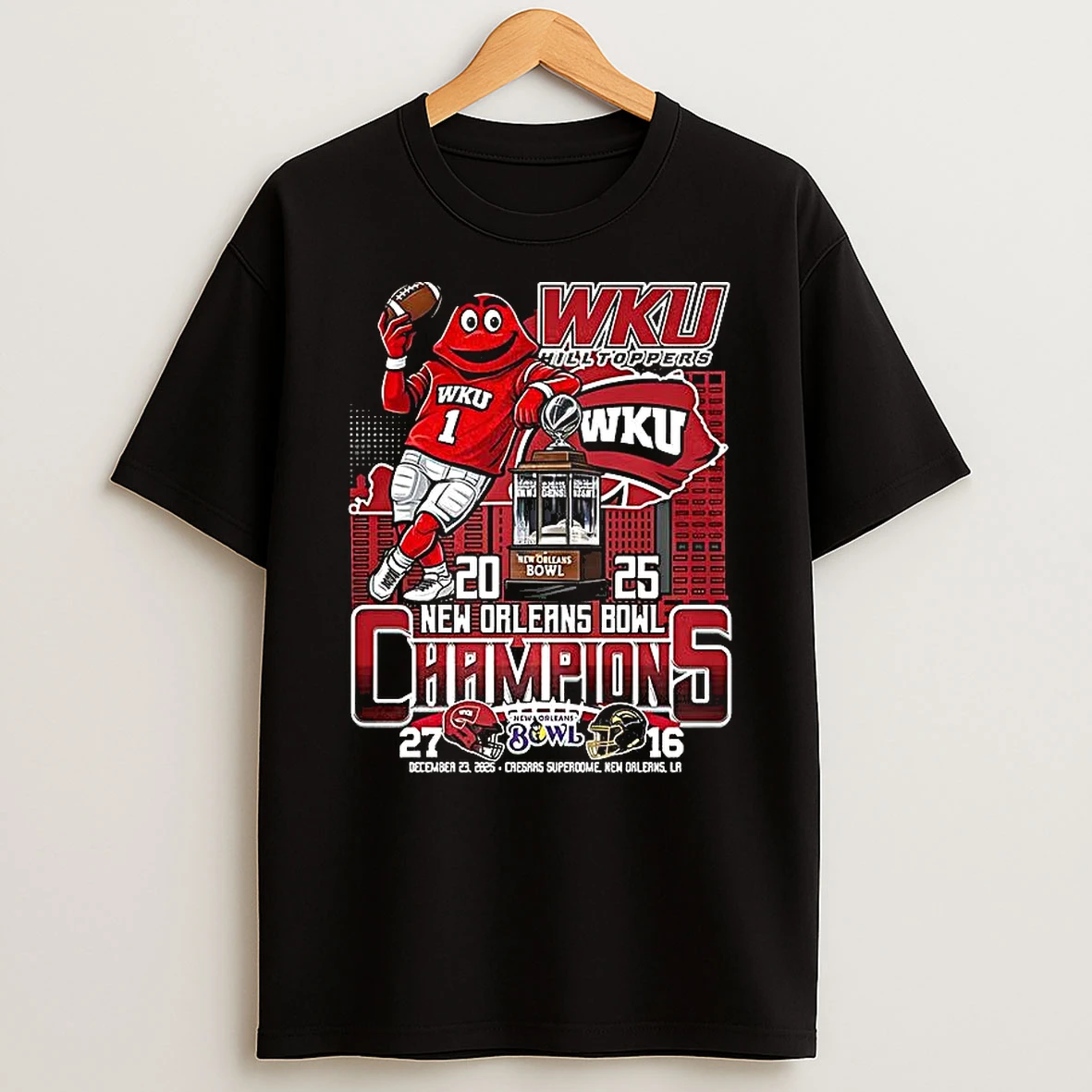 Western Kentucky Hilltoppers Football 2025 New Orleans Bowl Champions Trophy And Big Red T Shirt