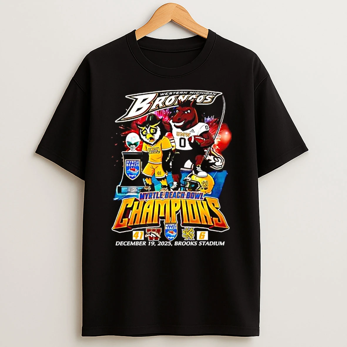 Western Michigan Broncos 2025 Myrtle Beach Bowl Champions December 19th Brooks Stadium T Shirt