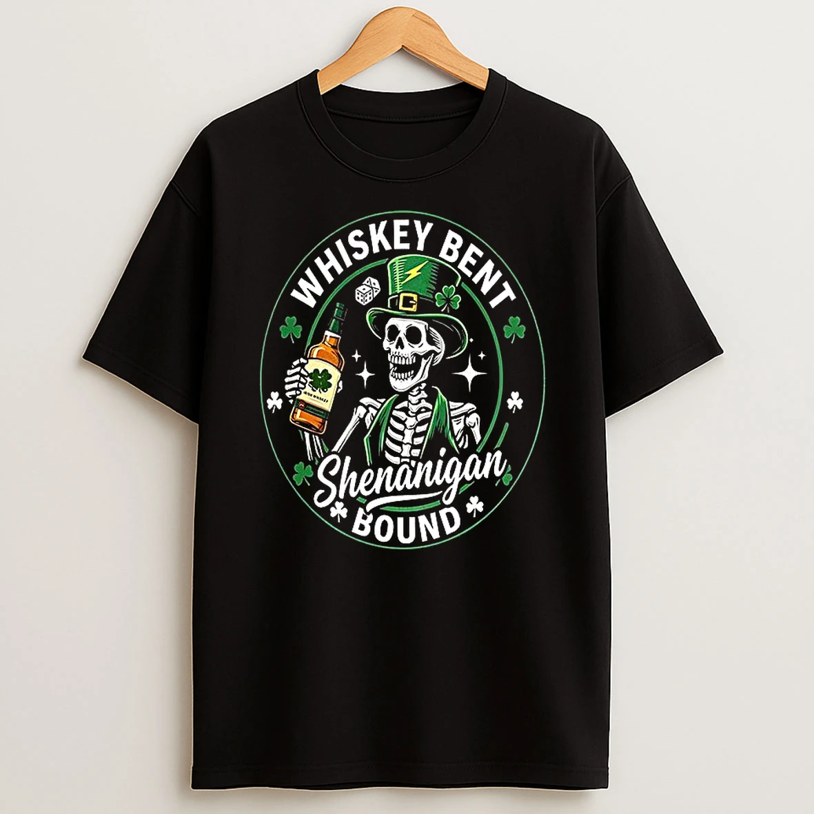 Whiskey Bent Shenanigan Bound Drinking Skeleton Logo T Shirt