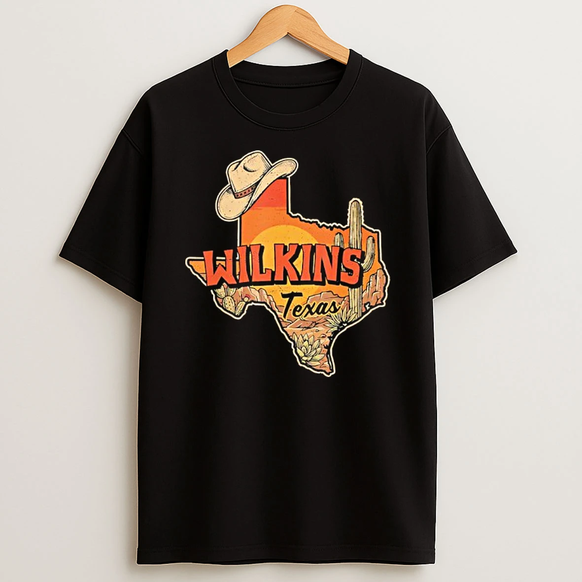Wilkins Texas Vintage Cowboy Hat Desert Cactus Sunset T Shirt
