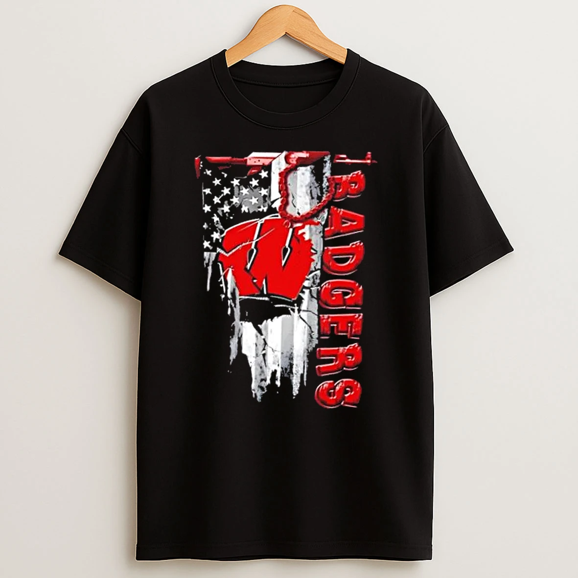 Wisconsin Badgers Football Battle Shattered Usa Flag Rip Design T Shirt