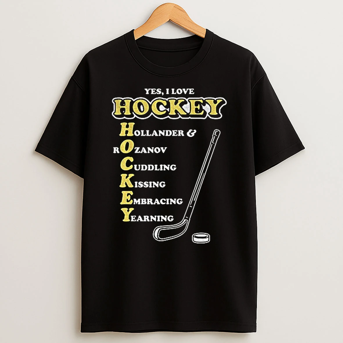 Yes I Love Hockey Acronym Hollander Rozanov Cuddling Kissing Embracing Yearning T Shirt