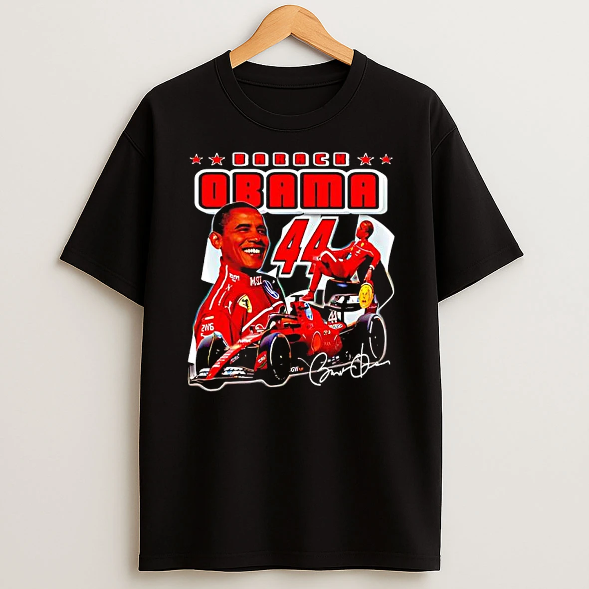 Arack Obama And Lewis Hamilton Ferrari Formula 1 Car Graphic T Shirt