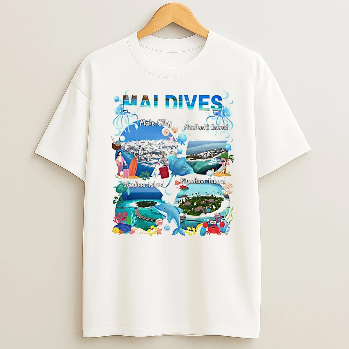 Vflippa Clickoneshirt 20251222_110226 32_maldives Collage Beach Scenes Male City Maafushi Vaadhoo Biyadhoo Island T Shirt