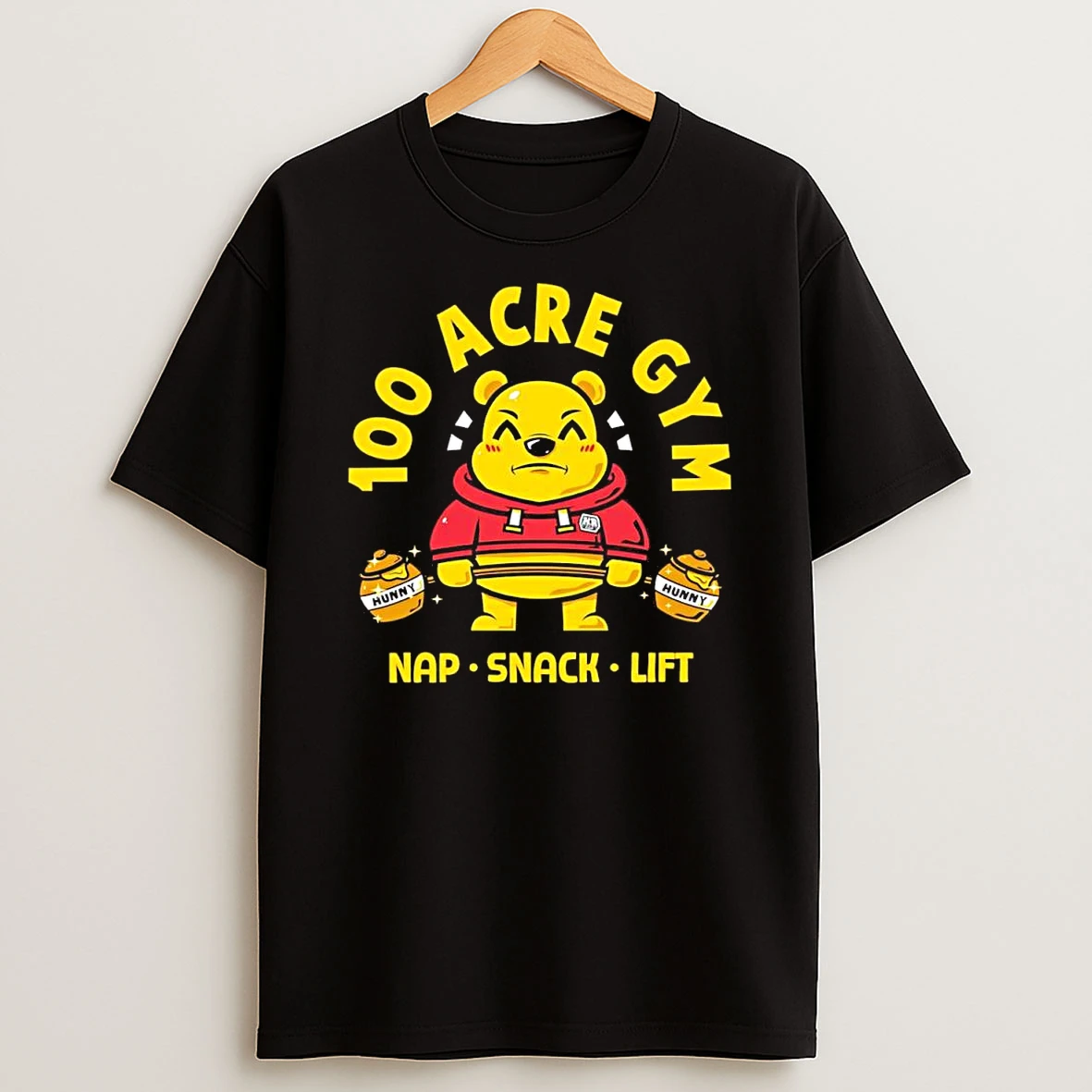 Vflippa Clickoneshirt 20251223_095040 49_pooh Lifts Honey Weighs 100 Acre Gym Winnie The Pooh Cartoon T Shirt