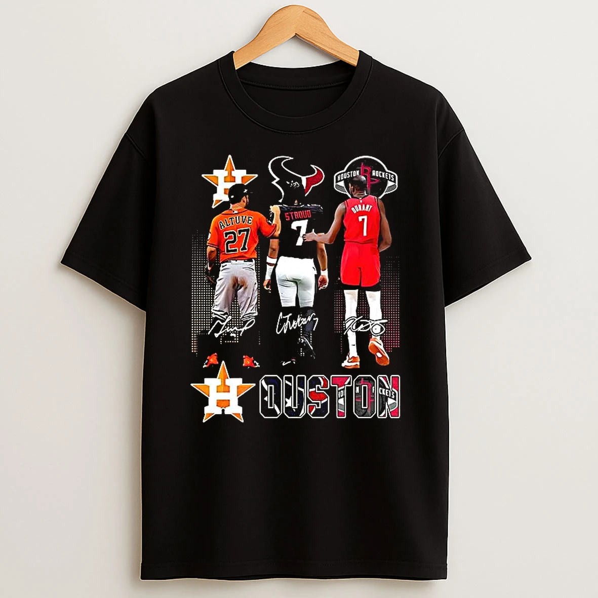 Vflippa Clickoneshirt 20251224_091254 152_houston Sports Teams Astros Texans Rockets Logo And Player Signature Skyline T Shirt