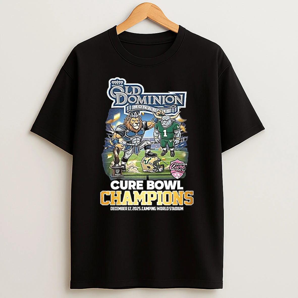 Vflippa Clickoneshirt 20251224_091254 152_old Dominion Monarchs Beat South Florida Bulls 2025 Cure Bowl Champions Mascot T Shirt
