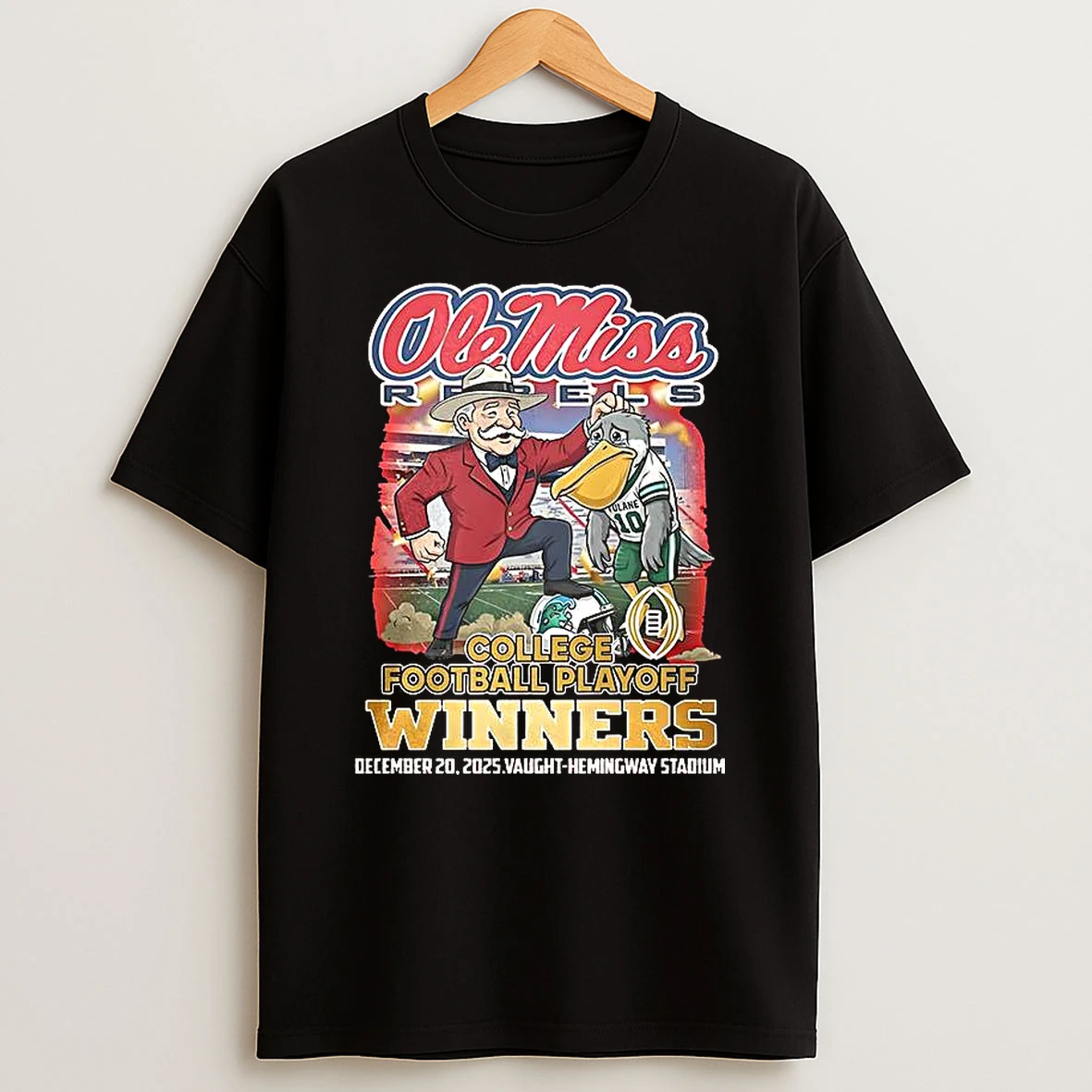 Vflippa Clickoneshirt 20251224_091254 152_ole Miss Rebels Beat Tulane Green Wave Ncaa College Playoffs Winners 2025 Mascot T Shirt