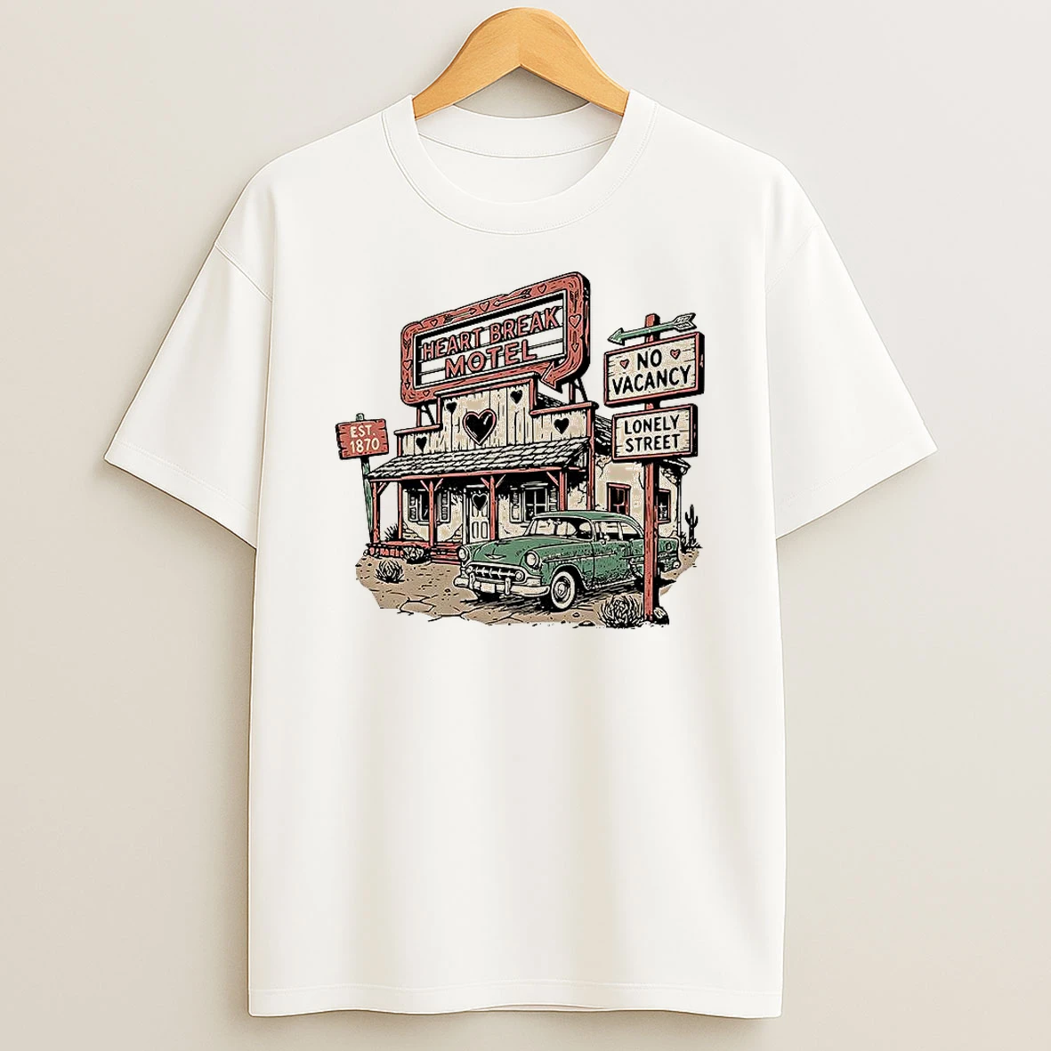 Vflippa Clickoneshirt 20251225_095059 138_heart Break Motel Est 1870 No Vacancy Lonely Street Retro Music Lover T Shirt