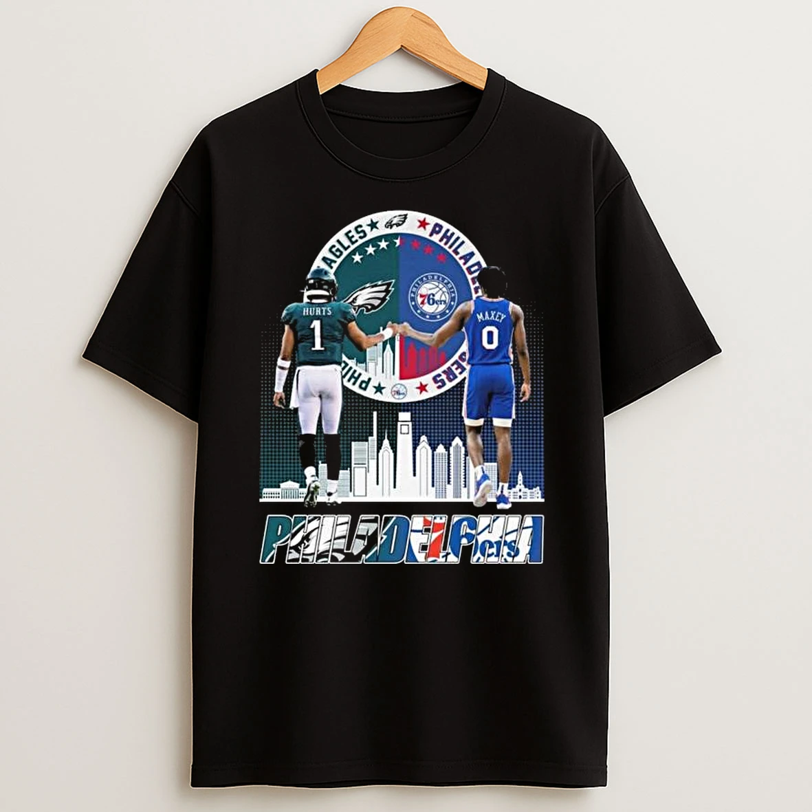 Vflippa Legendusashirt 20251222_130533 68_jalen Hurts Philadelphia Eagles And Maxey Philadelphia 76ers Skyline 2025 T Shirt