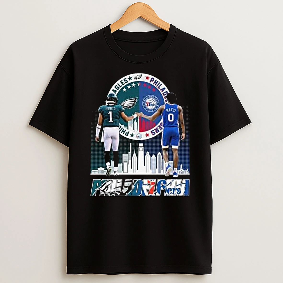 Vflippa Legendusashirt 20251222_170544 112_jalen Hurts Philadelphia Eagles And Maxey Philadelphia 76ers Skyline 2025 T Shirt