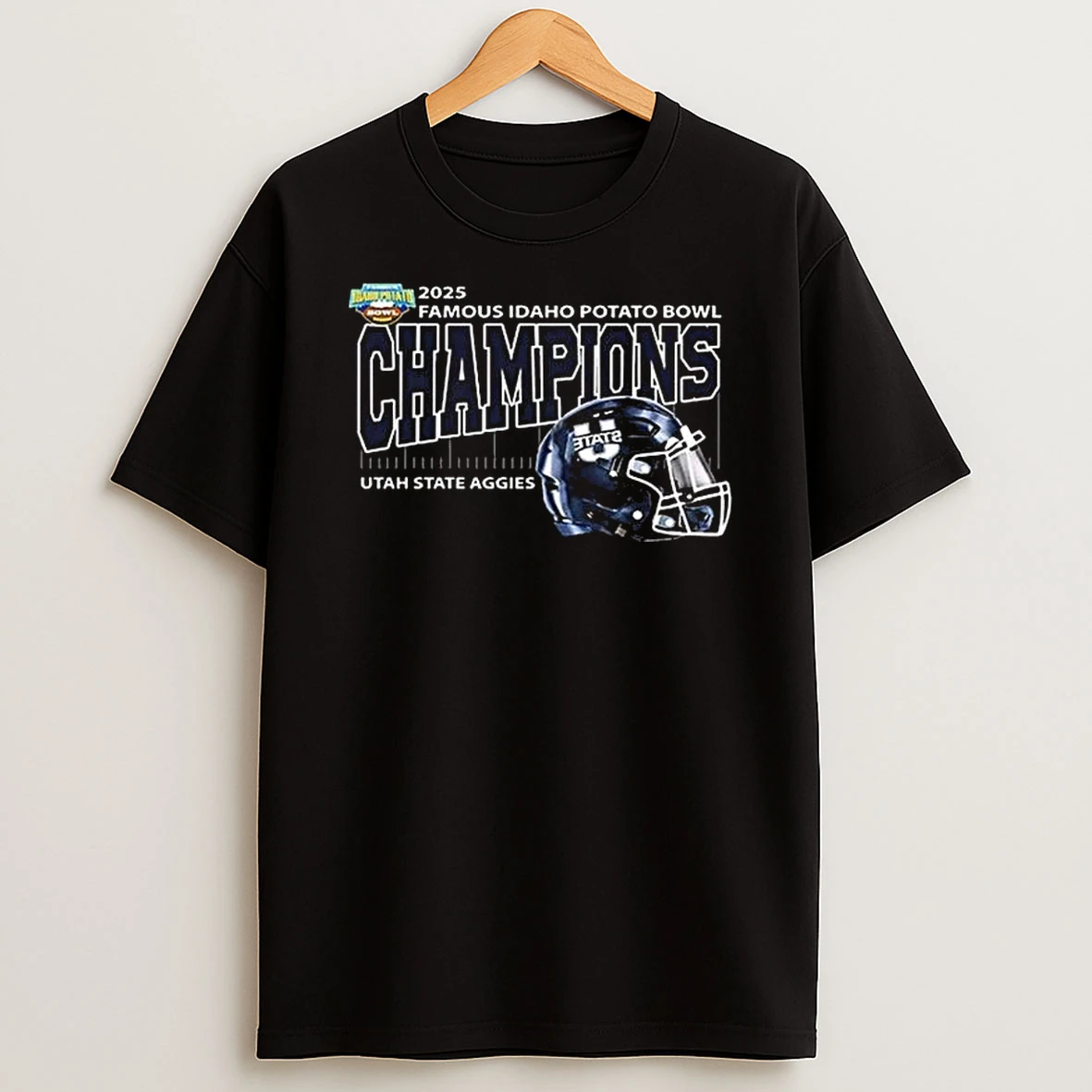 Vflippa Legendusashirt 20251223_094423 85_utah State Aggies Football Are 2025 Famous Idaho Potato Bowl Champions Helmet At Albertsons Stadium In Boise Idaho On December 22 2025 T Shirt