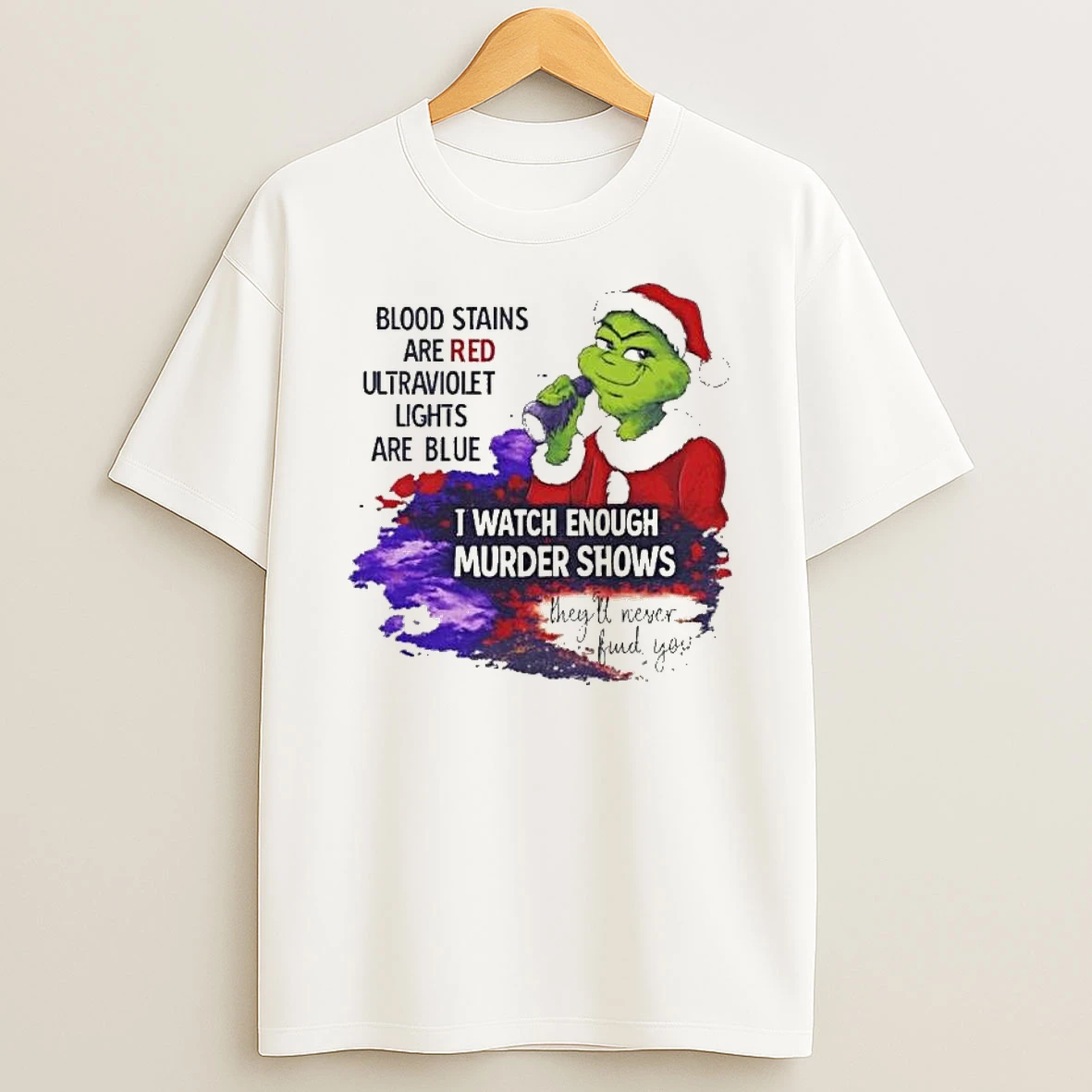 Vflippa Legendusashirt 20251224_094845 92_grinch Blood Stains Are Red Ultraviolet Light Are Blue I Watch Enough Murder Shows T Shirt