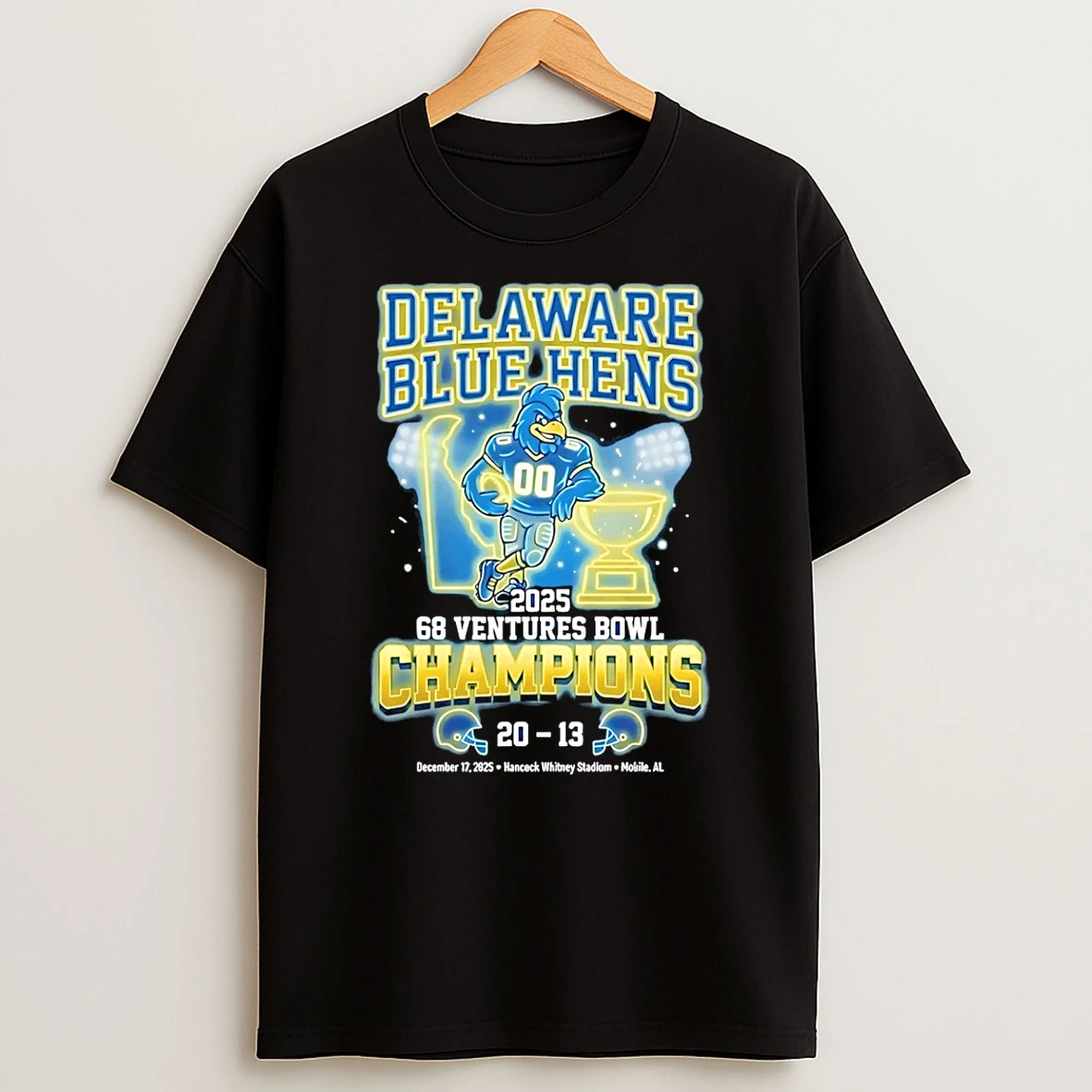 Vflippa Schmidtstee 20251222_104542 297_delaware Blue Hens 2025 68 Ventures Bowl Champions Score Neon T Shirt