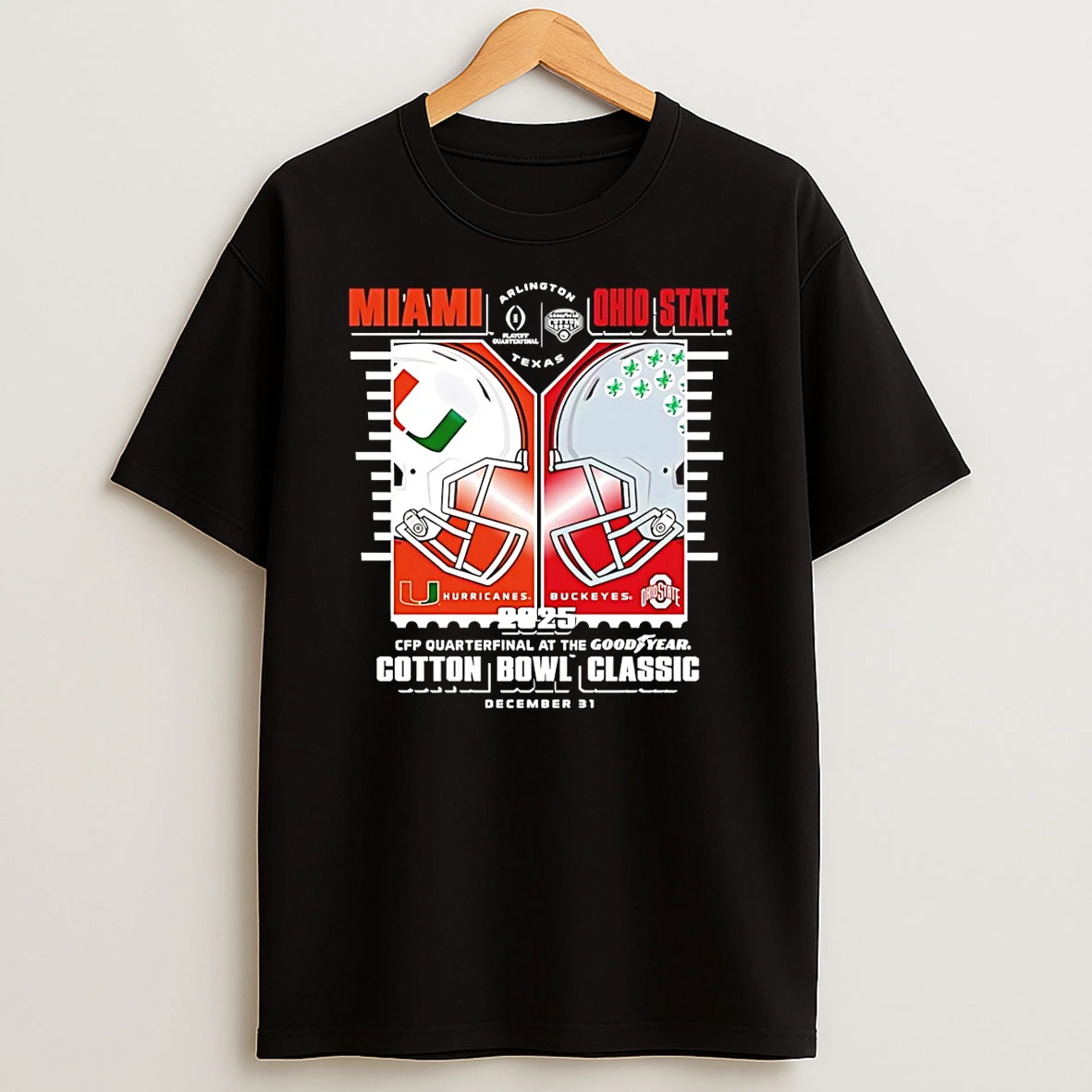 Vflippa Schmidtstee 20251222_104542 297_miami Hurricanes Vs Ohio State Buckeyes 2025 Cotton Bowl Helmet Matchup T Shirt