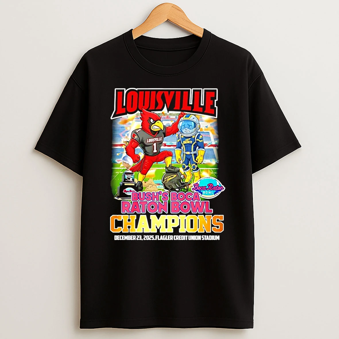 Vflippa Schmidtstee 20251224_174200 144_louisville Cardinals 2025 Bushs Boca Raton Bowl Of Beans Champions Mascot T Shirt