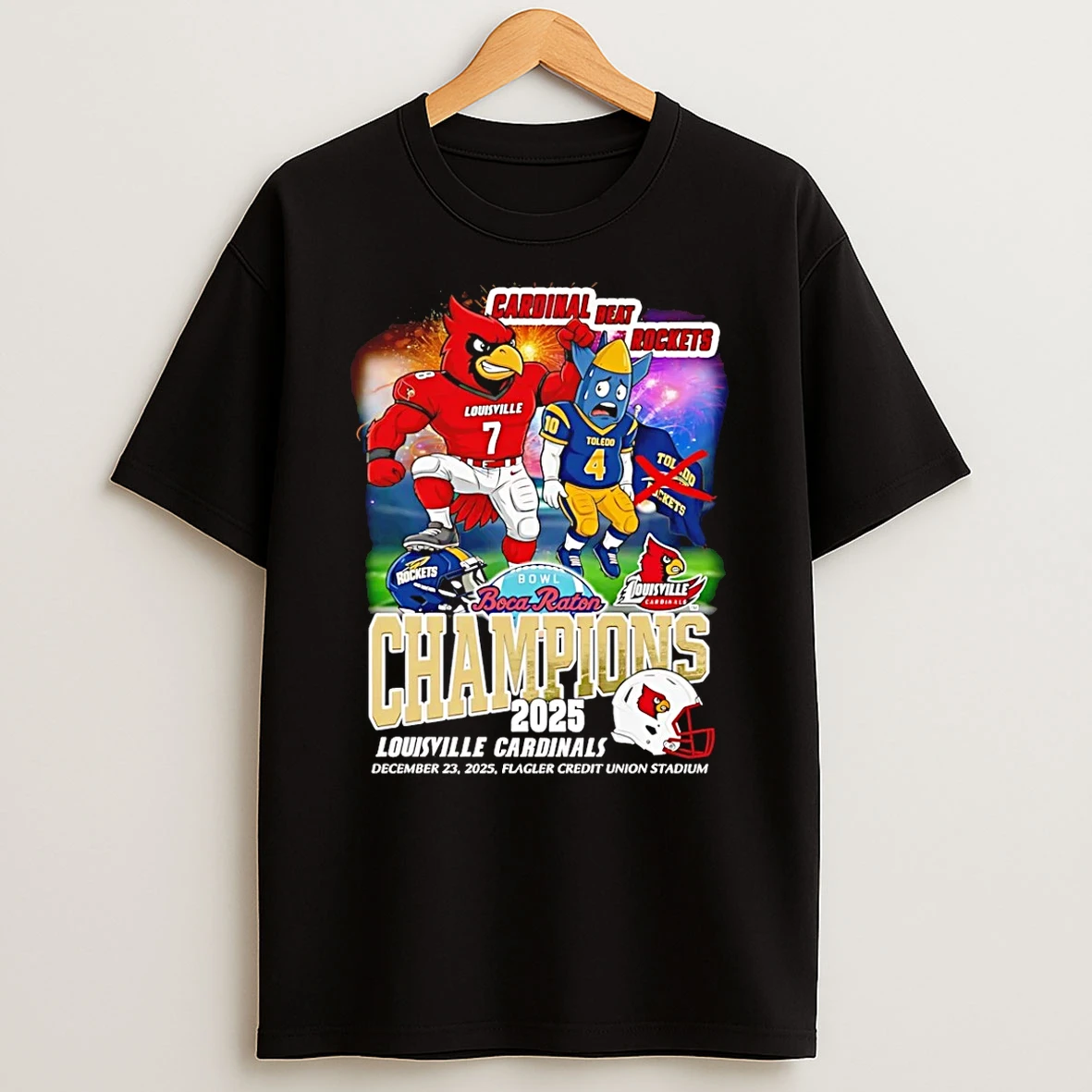 Vflippa Schmidtstee 20251224_174200 144_louisville Cardinals Beat Rockets 2025 Boca Raton Bowl Champions Mascot T Shirt