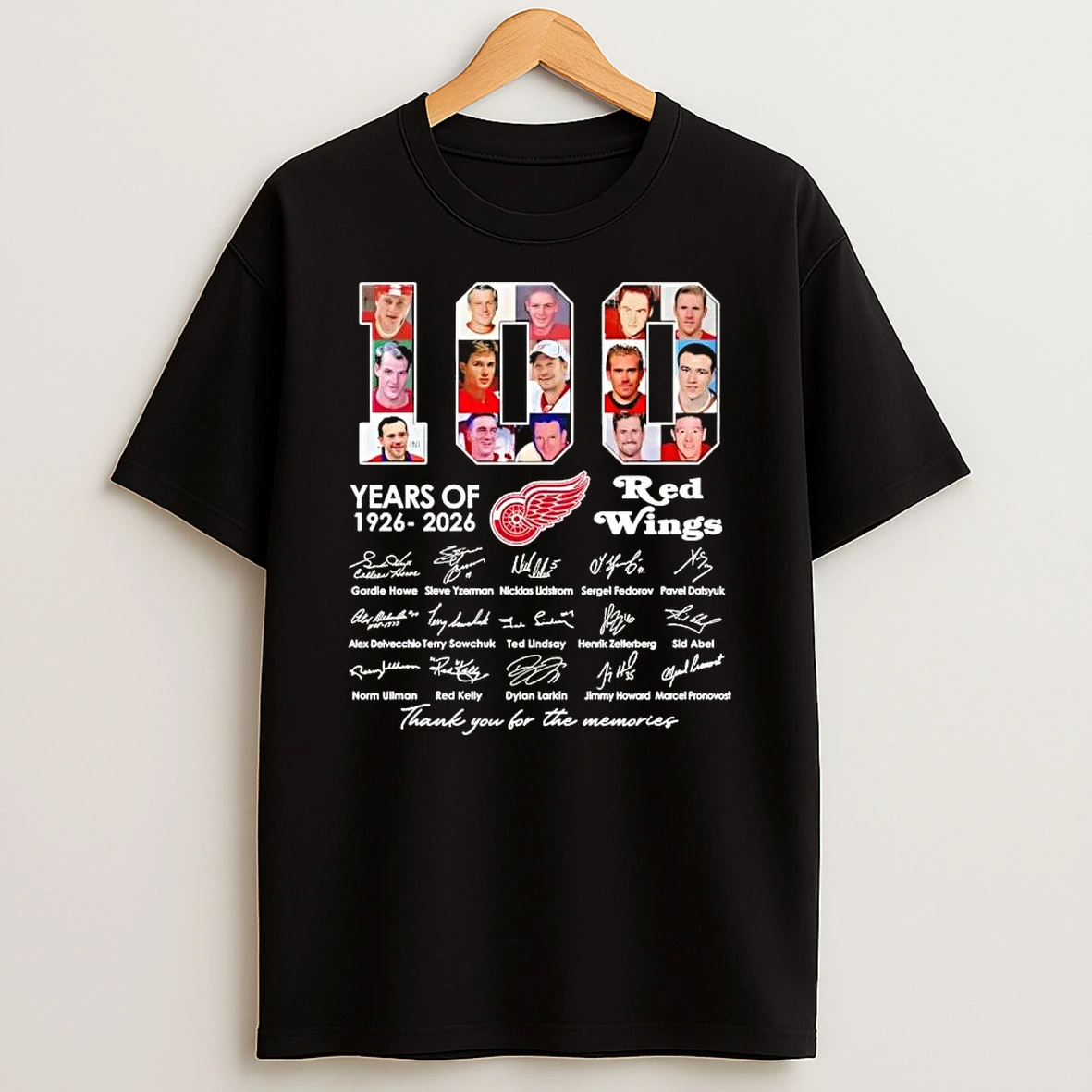 100 Years Of 1926 2026 Detroit Red Wings Gordie Howe And Legends Thank You For The Memories Signatures T Shirt