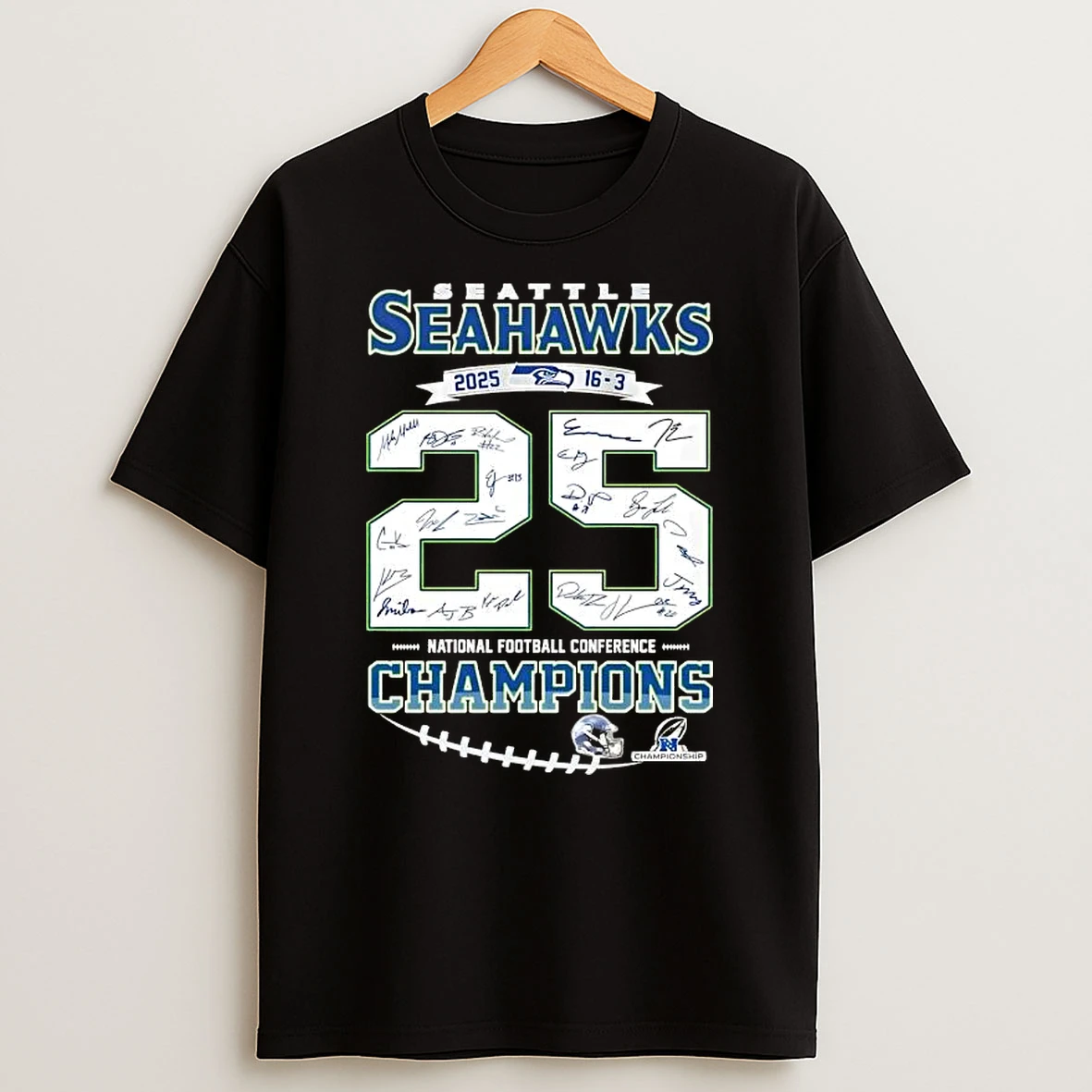 2025 16 3 National Football Conference Champions Seattle Seahawks All Signatures T Shirt