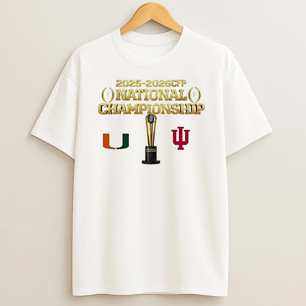 2025 2026 Cfp National Championship Miami Hurricanes Vs Indiana Hoosiers Matchup On January 19th 2026 For Miami Florida Logo Gold T Shirt