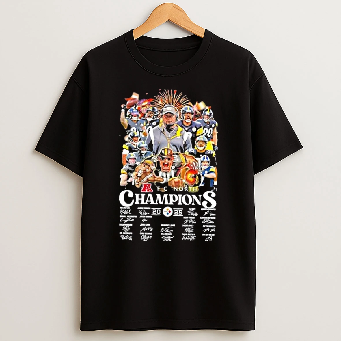 2025 Afc North Champions Coach Mike Tomlin And All Players Pittsburgh Steelers Signatures T Shirt