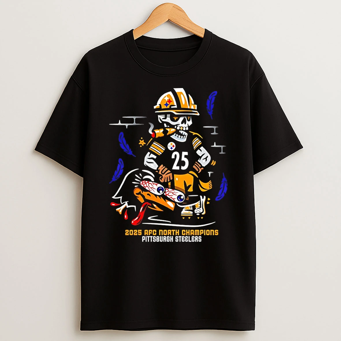2025 Afc North Champions Pittsburgh Steelers Skeleton Cigar T Shirt