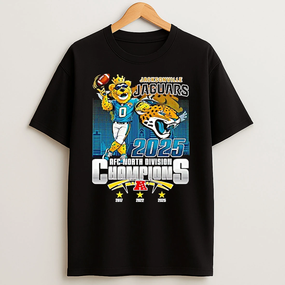 2025 Afc North Division Champions Jacksonville Jaguars Skyline Mascot T Shirt