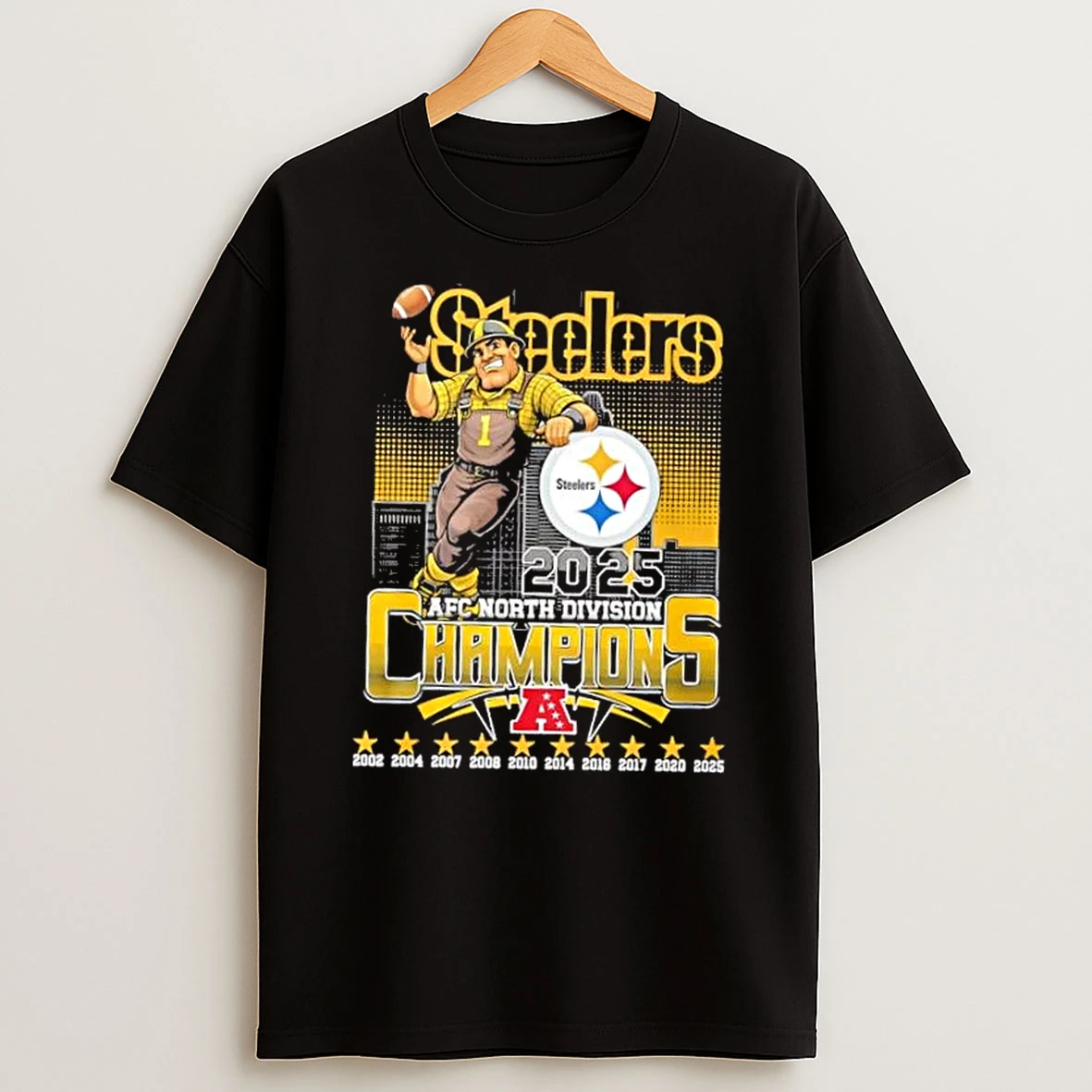 2025 Afc North Division Champions Pittsburgh Steelers Mascot Skyline T Shirt