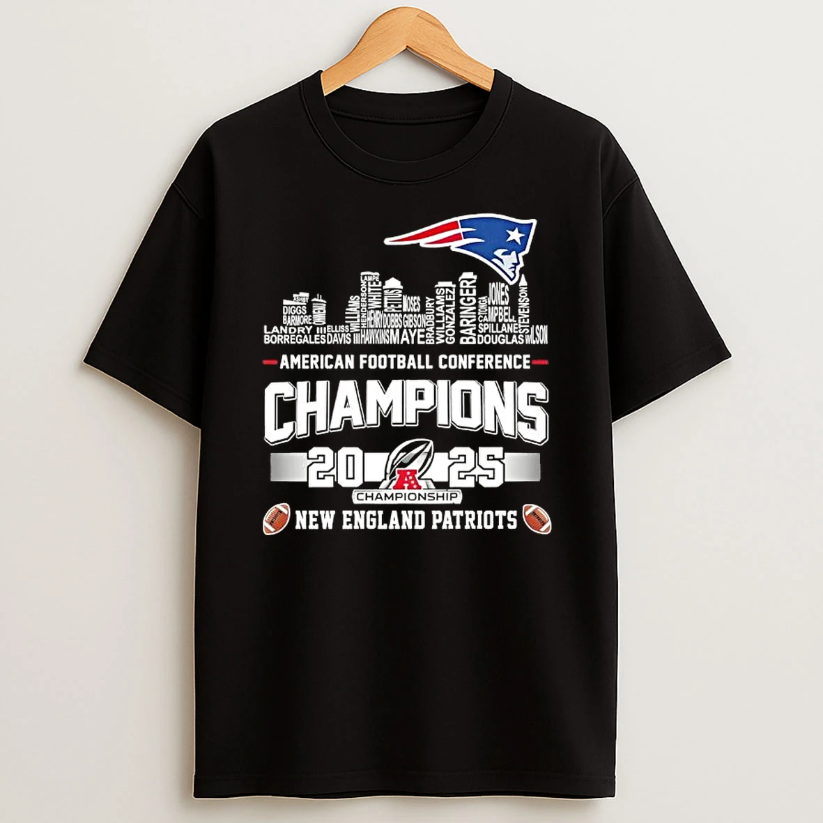 2025 American Football Conference Champions New England Patriots All Names City Skyline T Shirt