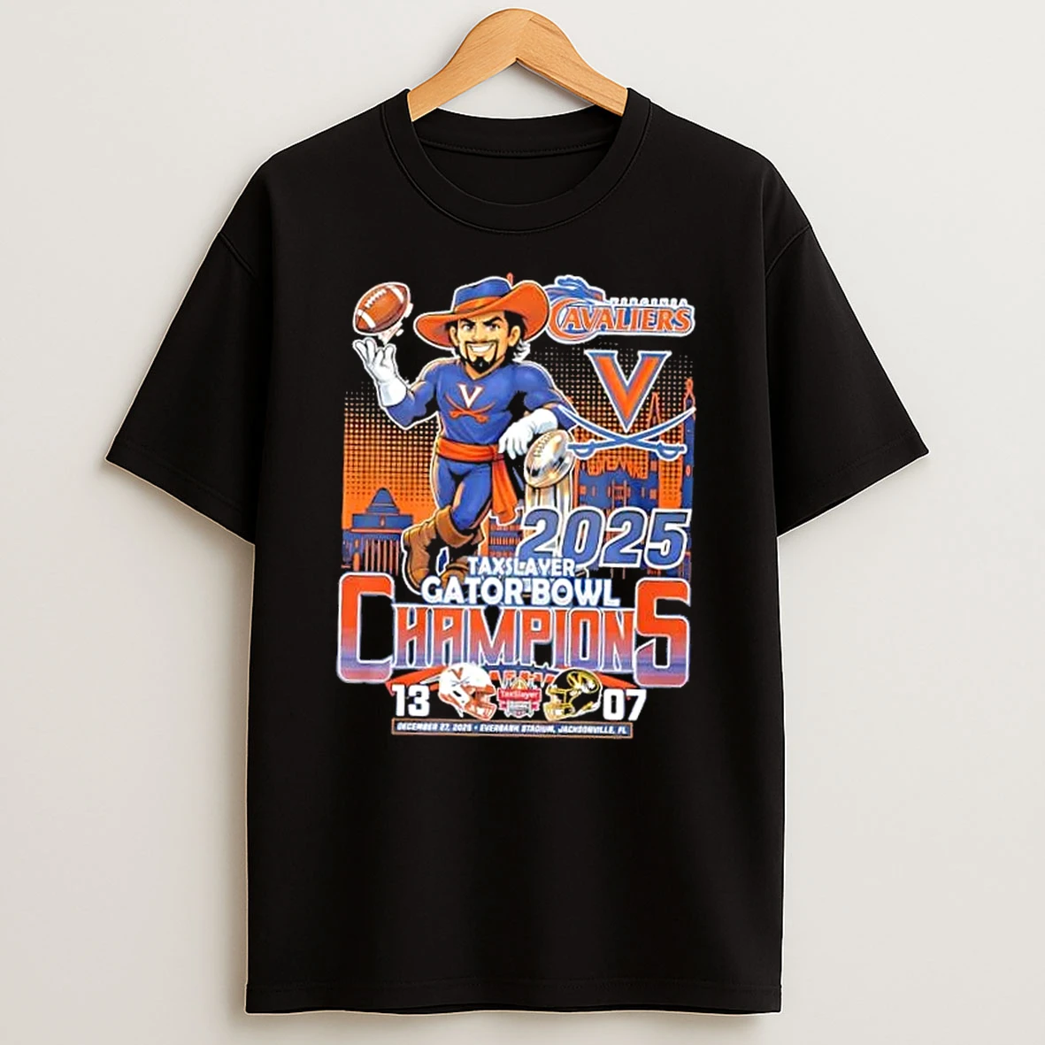 2025 Taxslayer Gator Bowl Champions Virginia Cavaliers Everbank Stadium Skyline T Shirt