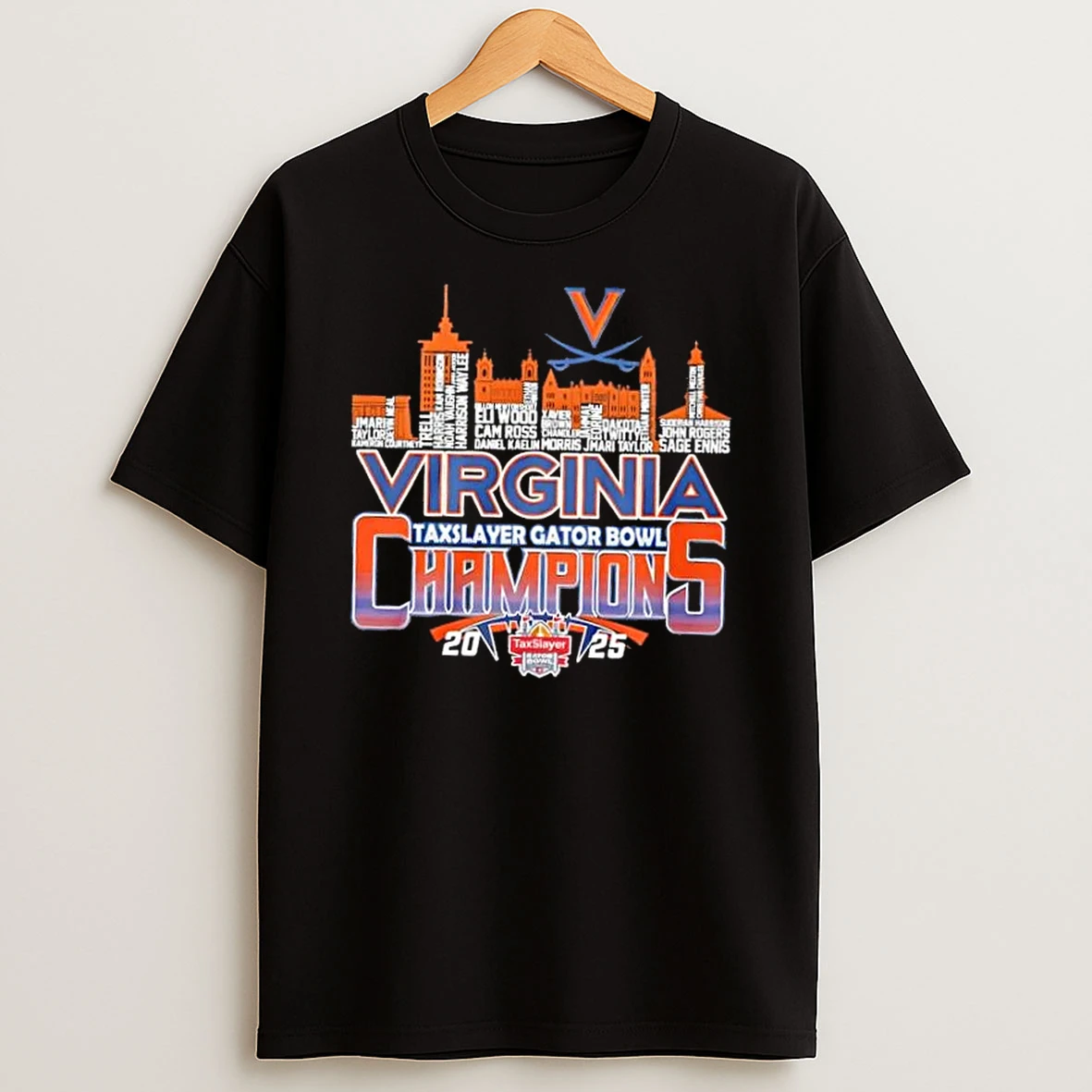 2025 Taxslayer Gator Bowl Champions Virginia Cavaliers All Names City Skyline T Shirt