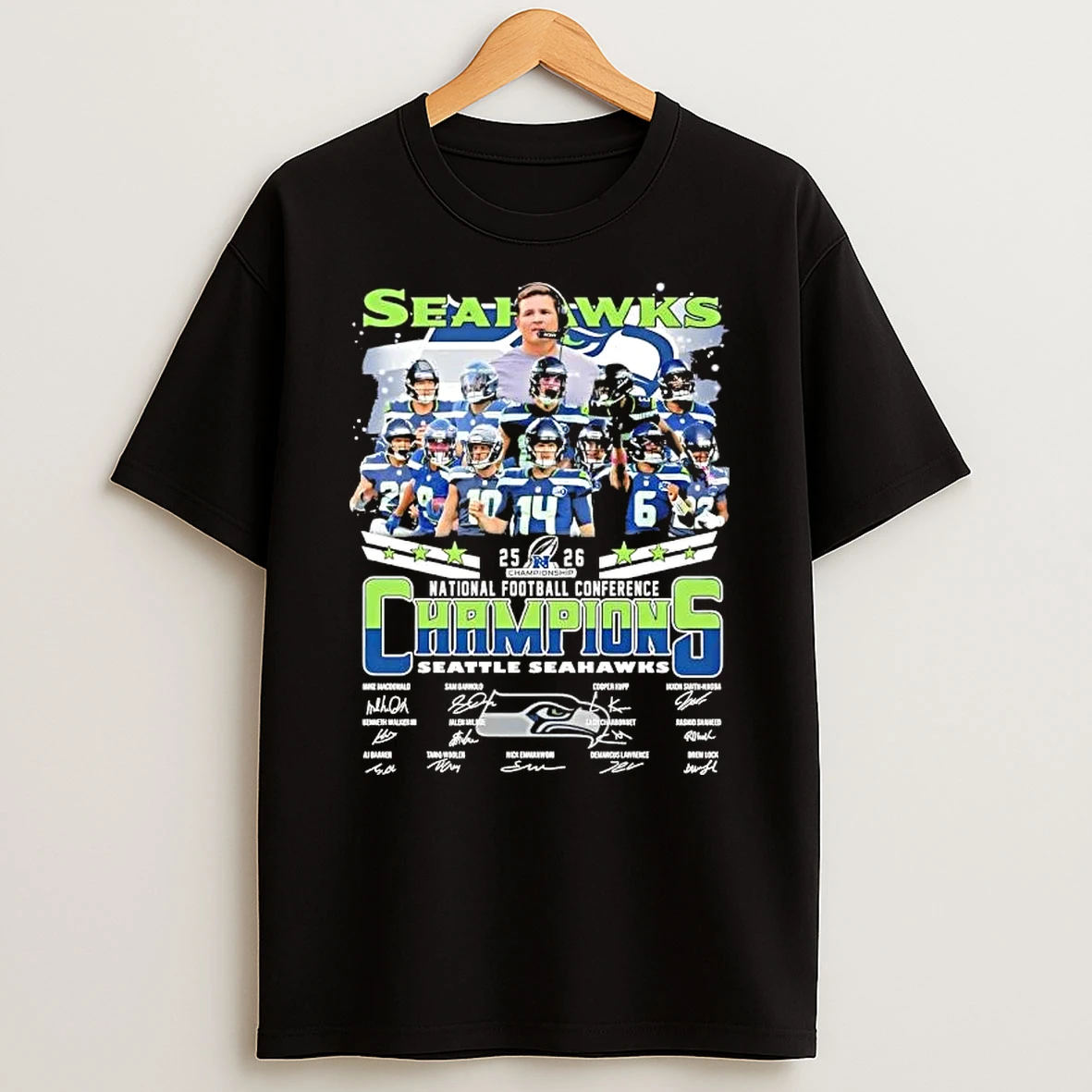 2026 National Football Conference Champions Seattle Seahawks All Names Players Signatures T Shirt