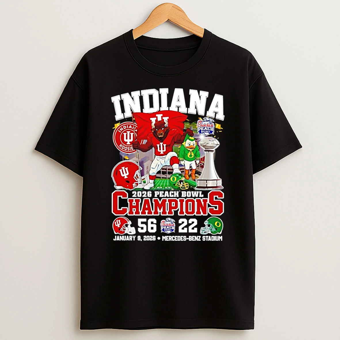 2026 Peach Bowl Champions Indiana Hoosiers Football Score Trophy Mascot T Shirt