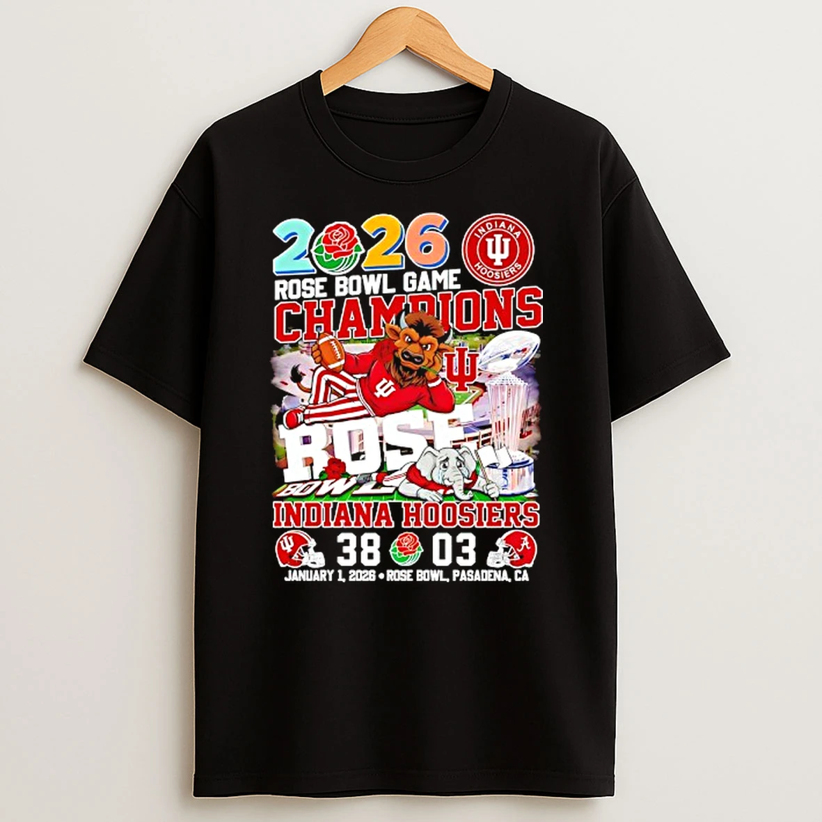 2026 Rose Bowl Game Champions Indiana Hoosiers 38 03 Mascot T Shirt