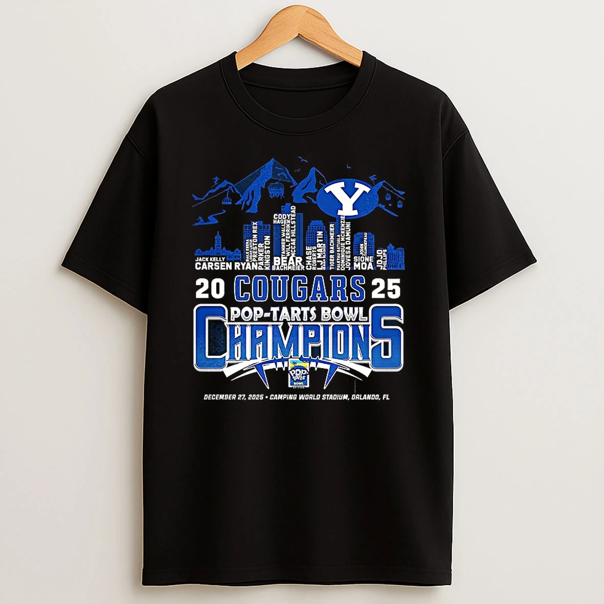 Byu Cougars Blue 2025 Pop Tarts Bowl Champions Name Player City Skyline T Shirt