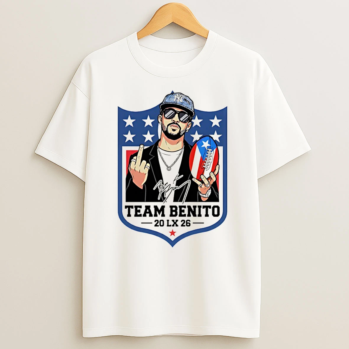 Bad Bunny Middle Finger Team Benito Bowl 2026 Halftime Show Puerto Rico Nfl Football T Shirt