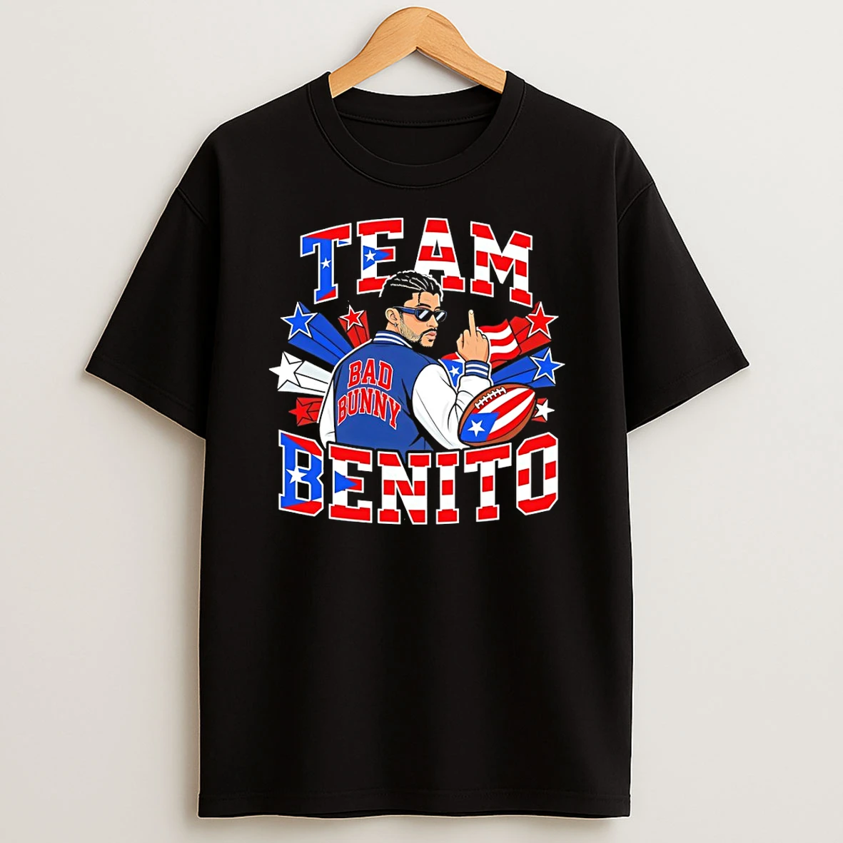 Bad Bunny Middle Finger Team Benito Puerto Rico Super Bowl Lix Football T Shirt